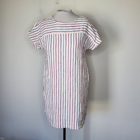ANTHRO MO:VINT Linen Cream Striped Boho Lagenlook Shift Beach Dress - Picture 10 of 14